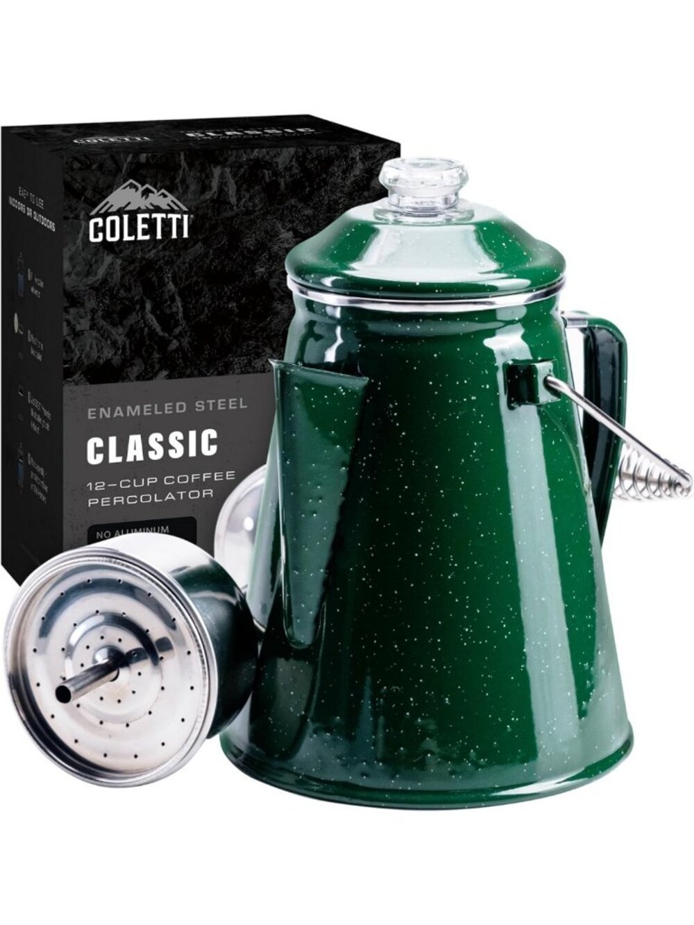 Vintage-Style 12-Cup Enamel Camping Coffee Pot - Classic Percolator, Green
